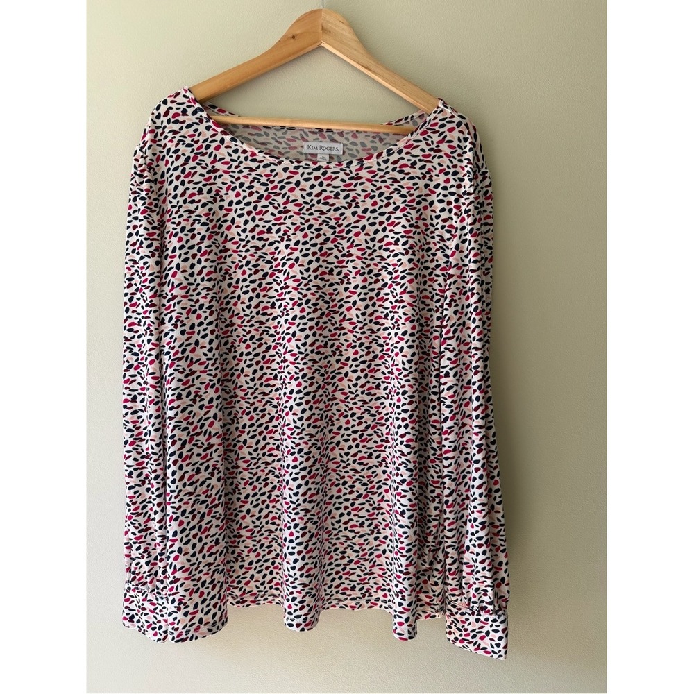 Preppy Abstract Kim Rogers Long Sleeve Top M White Pink Navy Polka Dot Blouse